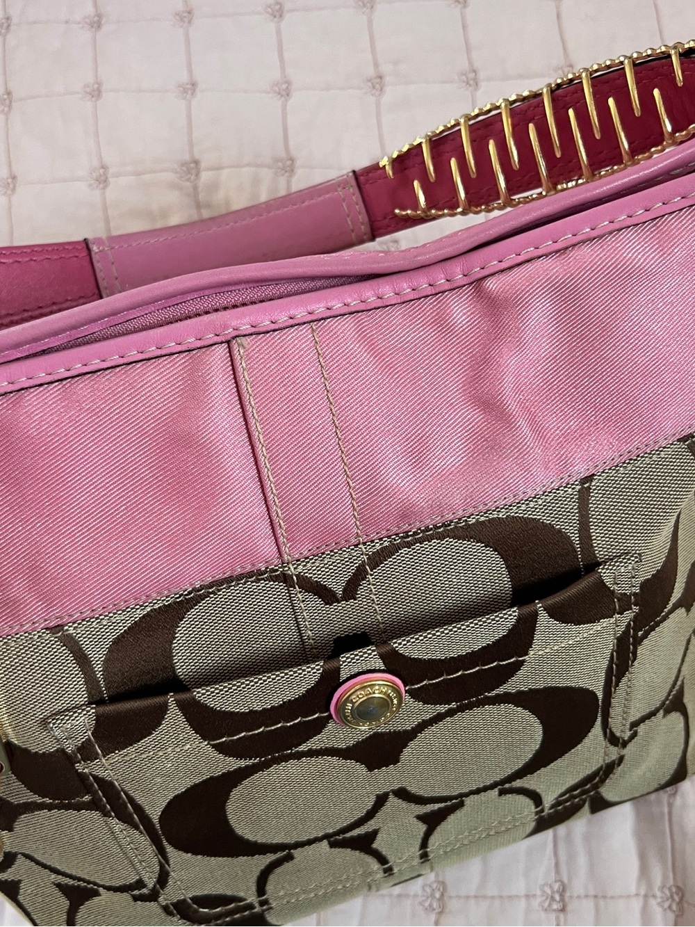 Coach Hobo Bag Medium Pink Khaki Signature Monogram Satin Leather 11957 - Picture 4 of 16